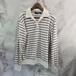 Vintage Sweatshirt Mens Large White Striped Velour 70s 80s Rugby Polo Pullover